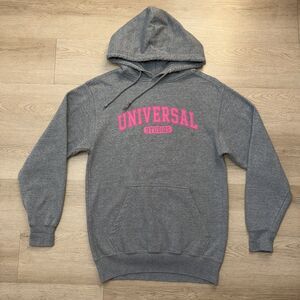 Universal Studios Hoodie Women’s Sweatshirt Small Gray Pink Spellout Graphic